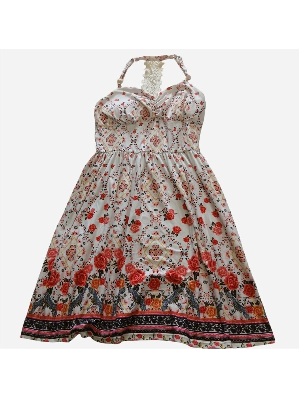 No Boundaries Floral Halter Dress Juniors M 7-9 Lace Back White Rose Summer